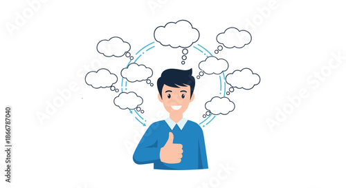 Happy young man giving a thumbs-up gesture of approval, surrounded by multiple empty thought bubbles for custom text or ideas.