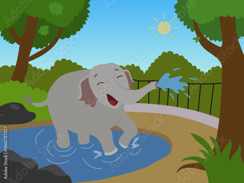 A cheerful grey elephant happily playing in a small pool of water at a zoo