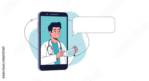 Young male doctor providing an online medical consultation from a smartphone screen, with a blank speech bubble for custom text.