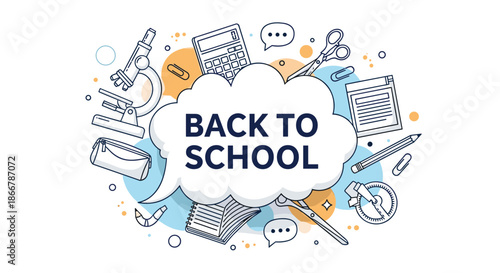 Back to school concept with outlined school supplies like a microscope and calculator surrounding a large thought bubble for text.