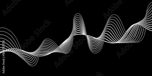 3D render of a DNA molecule and abstract wave patterns featuring blue gradient lines and digital technology vectors on a dark motion background for a sleek web wallpaper design