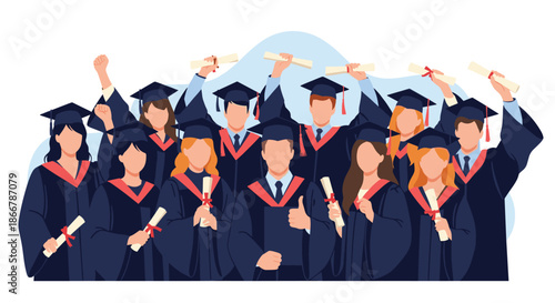 Happy diverse group of university graduates in traditional caps and gowns celebrating their commencement by holding up their diplomas.