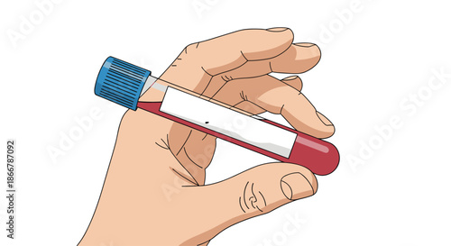 Close-up illustration of a hand holding a medical test tube containing a blood sample for laboratory analysis or a blood test.