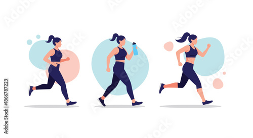 Set of three illustrations showing a woman in different stages of running and jogging, including drinking water for hydration.