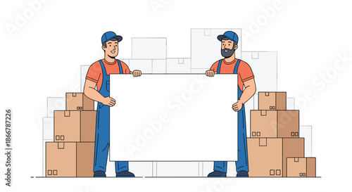 Two friendly male movers in uniform holding a blank white sign for custom text, surrounded by stacked cardboard moving boxes.