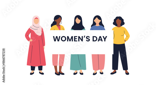 Diverse group of multicultural women standing together in solidarity behind a "Women's Day" banner to celebrate female empowerment.