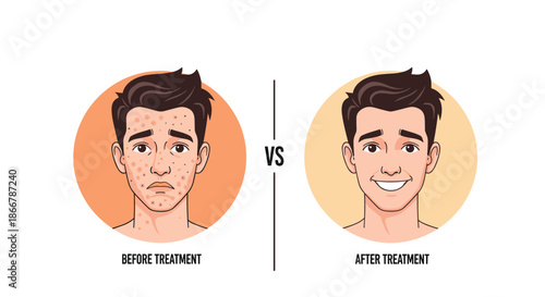 Before and after comparison showing a man's face with severe acne and then with clear, healthy skin after successful treatment.