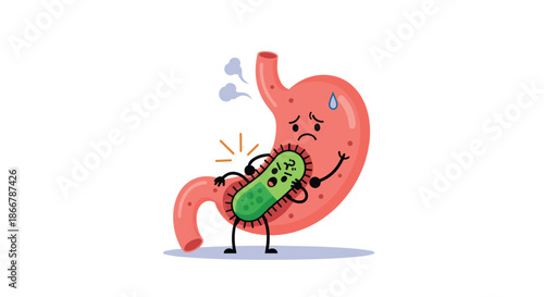 Unhealthy cartoon stomach character suffering from pain being attacked by an angry germ, illustrating indigestion or infection.