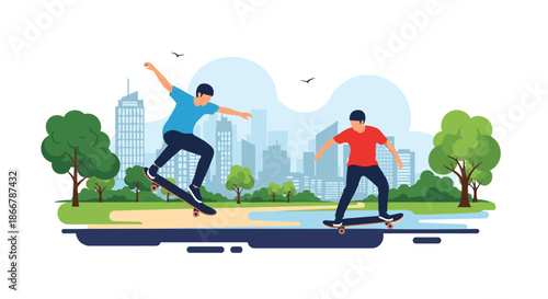 Two young men skateboarding in a city park, performing tricks with a modern skyline and green trees in the background.