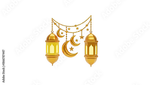 Golden Ramadan Lanterns and Crescent Moons with Stars