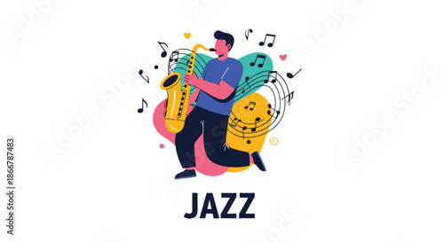 Young male musician passionately playing jazz music on a golden saxophone, surrounded by a flow of musical notes and hearts.