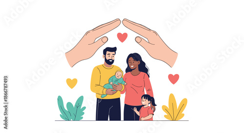 Loving hands protecting a happy multiethnic family with two children, symbolizing care, safety, insurance, and family well-being.