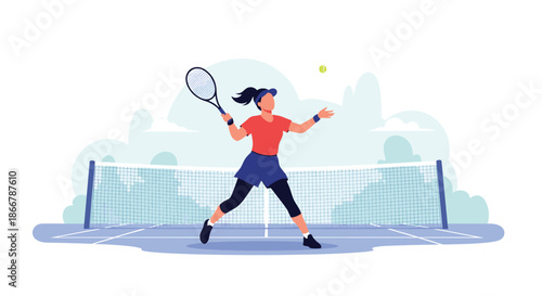 Young athletic woman in sportswear playing tennis on a blue court, hitting the ball with a racket during a match or practice.