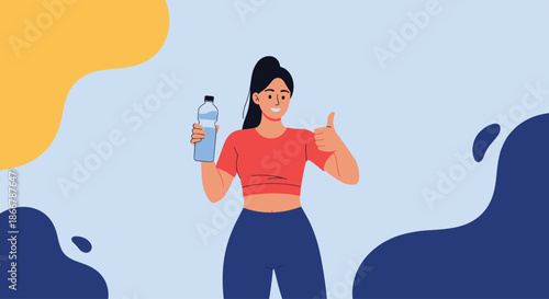 Happy athletic woman in sportswear holding a water bottle and giving a thumbs-up, promoting hydration for fitness and health.