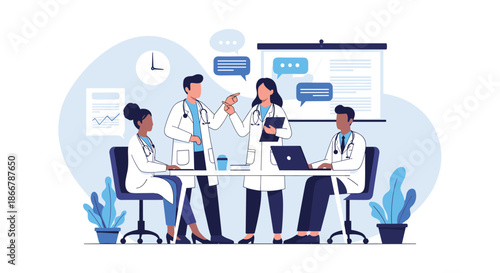 Diverse team of medical professionals and doctors having a meeting in a hospital conference room, discussing patient cases.