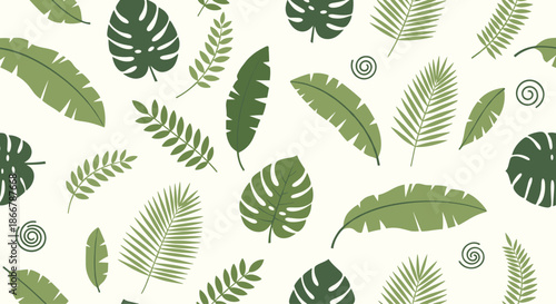 Seamless pattern with a variety of green tropical leaves, including monstera and palm, on a light background for summer design.