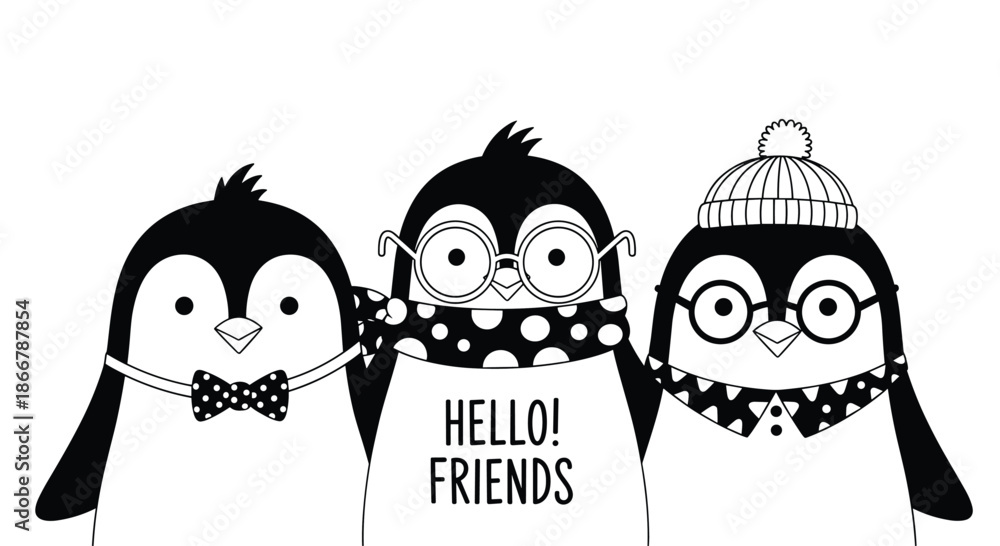 Obraz premium Three cute cartoon penguins in black and white wearing accessories like glasses and a bow tie, with a 'Hello Friends' sign.