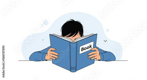 Young person completely absorbed in reading a large blue book at a desk, symbolizing education and a love for literature.