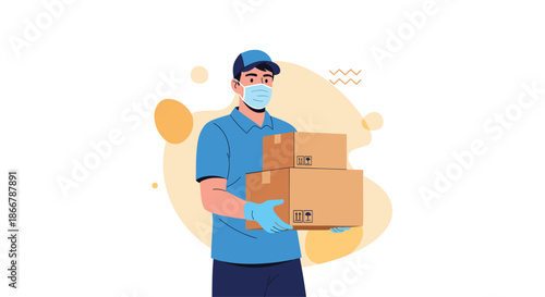 Delivery man wearing a protective face mask and gloves holding cardboard packages, representing safe and contactless delivery.