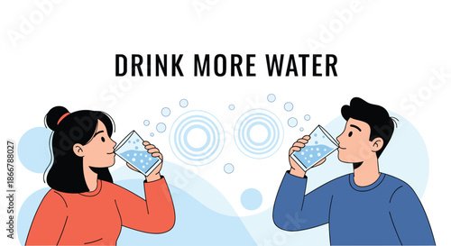 Health and wellness banner with the message 'Drink More Water' showing a man and woman hydrating with glasses of pure water.