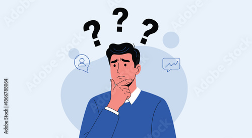 Confused young man thinking with his hand on his chin, surrounded by large question marks, illustrating doubt and indecision.