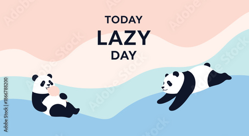 Cute cartoon pandas enjoying a lazy day on a pastel wavy background, with one panda eating and the other one sliding down.