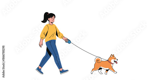 Young woman in casual clothes walking her happy Shiba Inu dog on a leash, illustrating pet ownership and daily routine.