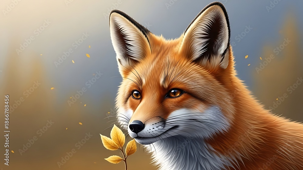 Fototapeta premium Red Fox Portrait with Yellow Flower.