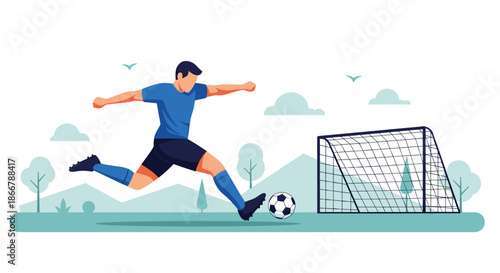 Male soccer player in a blue uniform kicking a soccer ball towards the goal on a green field with a landscape background.