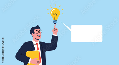 Businessman having a great idea, symbolized by a glowing light bulb above his head, with a blank speech bubble for text.