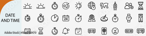 date and time management outline icons, clock and calendar vector