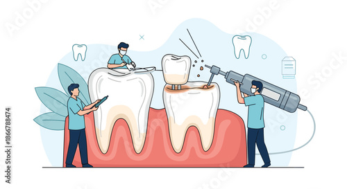 Team of tiny dentists performing dental procedures like drilling a cavity and placing a crown on oversized human teeth.