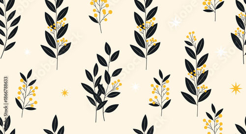 Elegant seamless pattern with stylized dark leaves, yellow berries, and stars on a beige background for a sophisticated design.