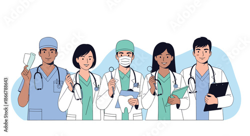Diverse team of smiling doctors and dentists standing together, representing a friendly and professional medical or dental clinic staff.