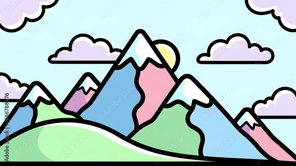 Fototapeta premium Colorful cartoon mountain landscape with clouds.