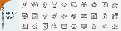 startup ideas and business innovation outline icons, entrepreneurship vector set