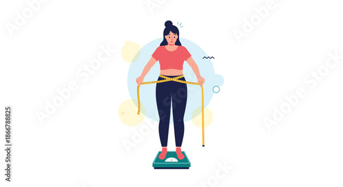 Unhappy woman measuring her waist with a tape while standing on a weight scale, concerned about weight loss and body image.