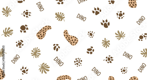 Seamless pattern for children with dinosaur footprints, tropical leaves, and animal spots in a neutral brown color palette.