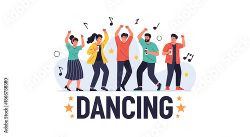 Group of diverse young friends having fun and dancing together at a party, with the word 'Dancing' written below them.
