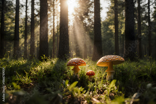 Sun-drenched Coniferous Forest Floor with Wild Mushrooms - Enchanting Summer Woodland with Warm God Rays