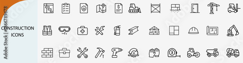 construction and industrial engineering outline icons, building site vector set