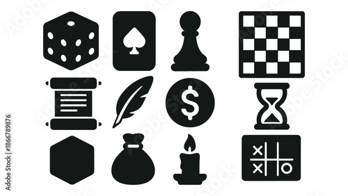 A collection of icons representing games, money, and time.