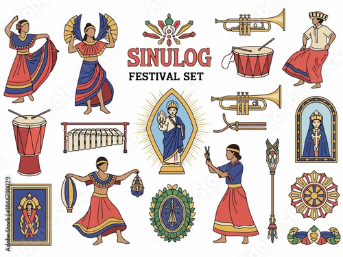 Sinulog Festival Set Vibrant Vector Illustrations of Traditional Costumes, Musical Instruments, and Cultural Elements