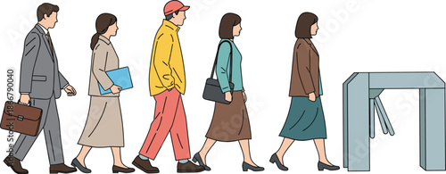Flat Vector Illustration of Diverse People Standing in a Queue Waiting to Pass Through a Subway Station Turnstile Entrance for Public Transportation Access