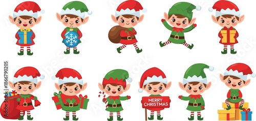 Cute Christmas Elves Collection with Santa Helpers Carrying Gifts and Holiday Decorations in Flat Vector Illustration Style for Festive Graphic Design