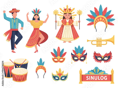 Colorful Sinulog Festival Elements Dancers, Masks, Drums, and Trumpet in Festive Vector Illustration