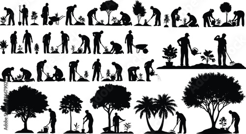 Large vector set of black silhouettes of elderly people using wheelchairs, walkers, and canes for mobility assistance on white background.