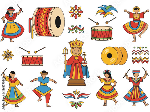 Colorful Celebration A Vibrant Illustration of Cultural Dancers, Drums, and Festival Elements