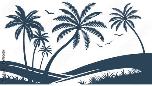 Palm trees sway on a tropical island with rolling hills and birds flying.