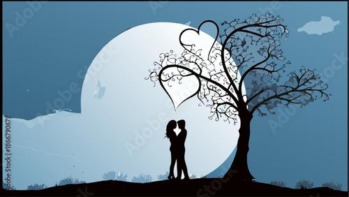 Romantic couple kissing under heart shaped tree at night